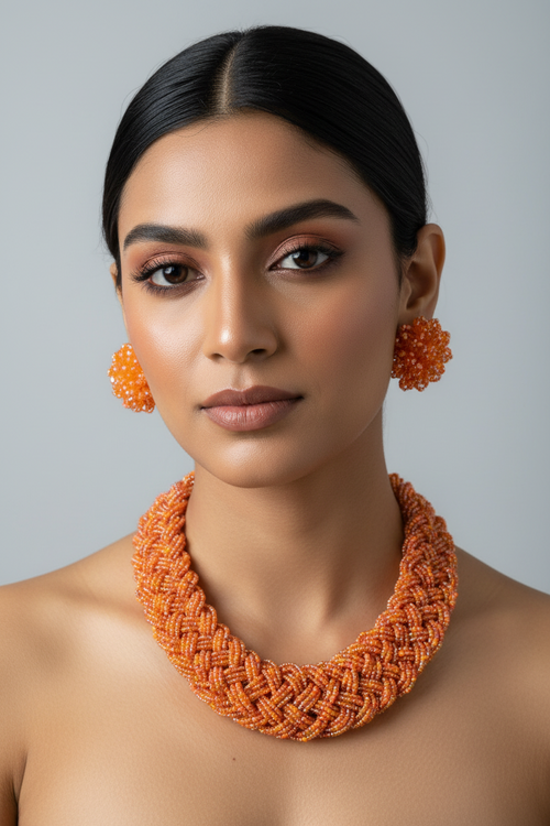 Amber Glow Beaded Necklace Set-Handmade