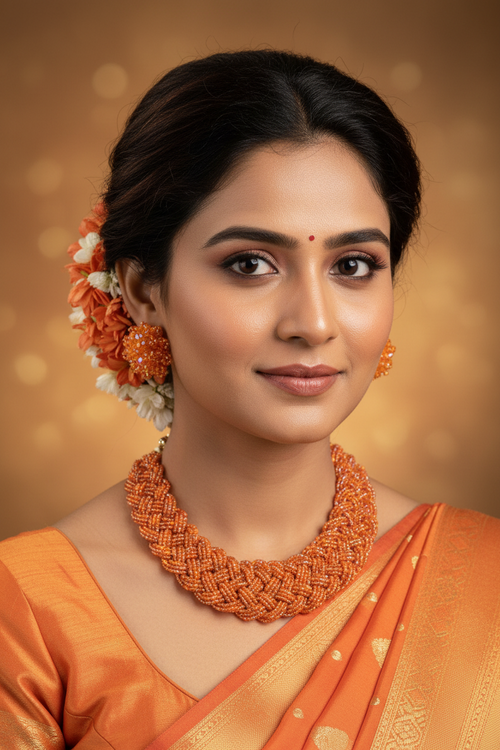 Orange Choker Necklace Set-Handmade