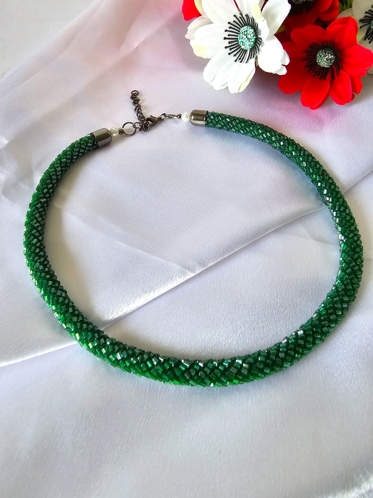 Emerald Enchantment Rope Necklace With Matching Earring - Handmade