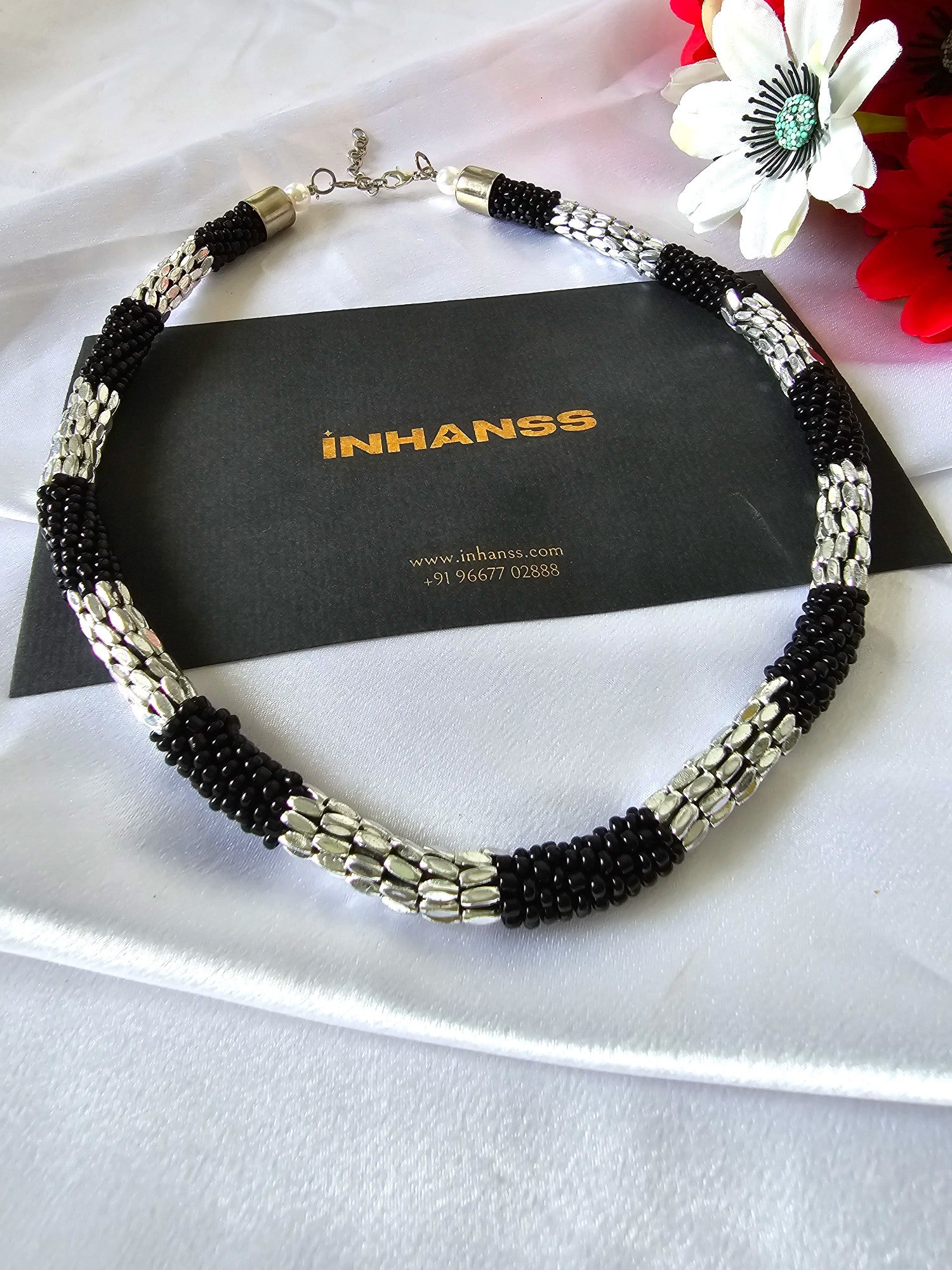 Starlit SIlver & Black Beads Rope Necklace With Matching Earrings- Handmade