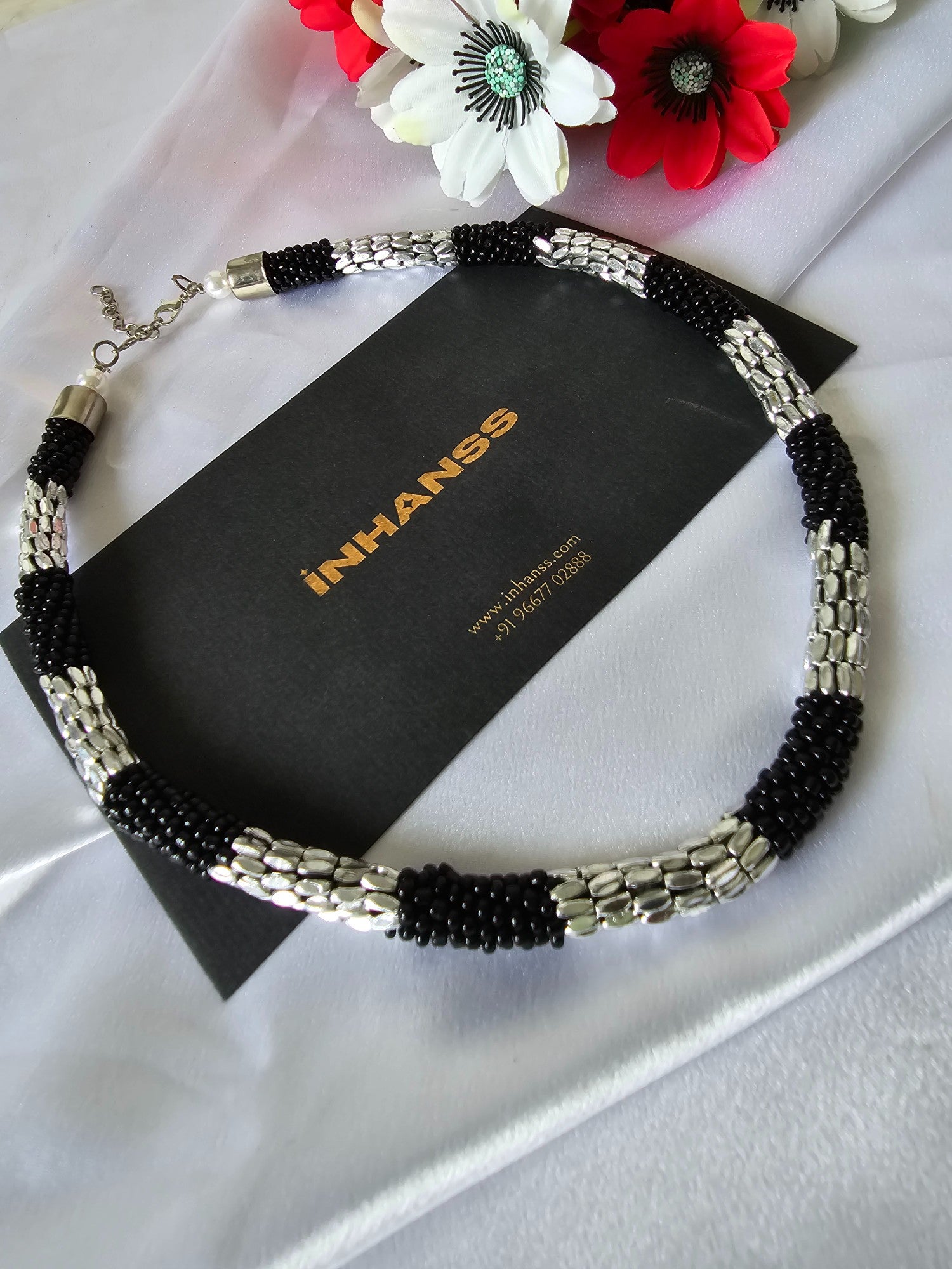 Starlit SIlver & Black Beads Rope Necklace With Matching Earrings- Handmade