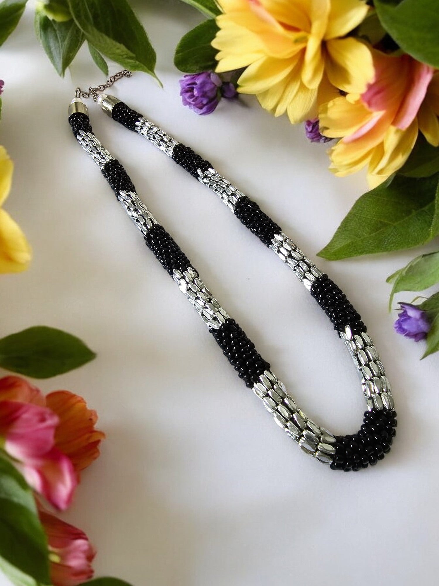 Starlit SIlver & Black Beads Rope Necklace With Matching Earrings- Handmade
