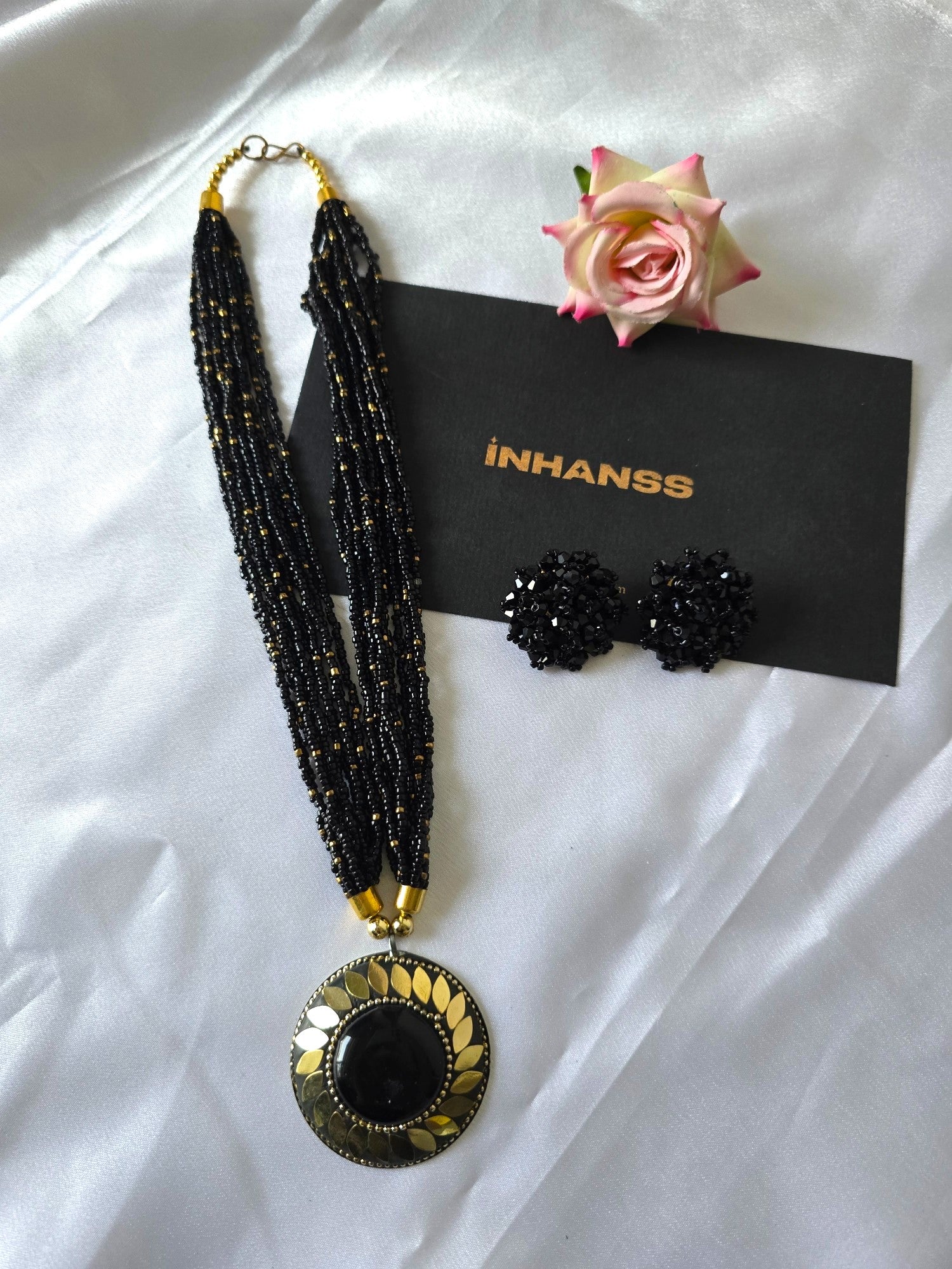 Handmade Multilayered Pendant Beaded Necklace Set With Matching Earrings - 12 Colours Available