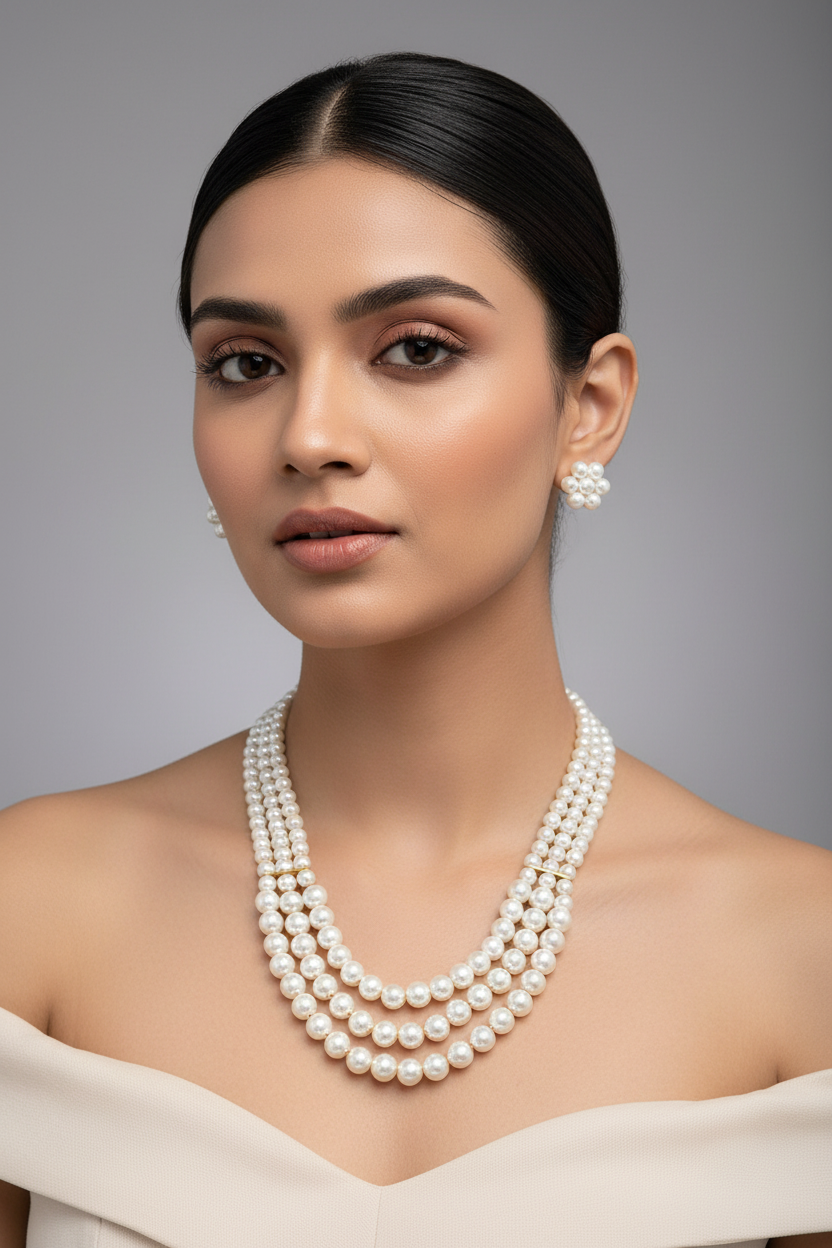 The Royale Radiance 3-Line Pearl Necklace Set- White
