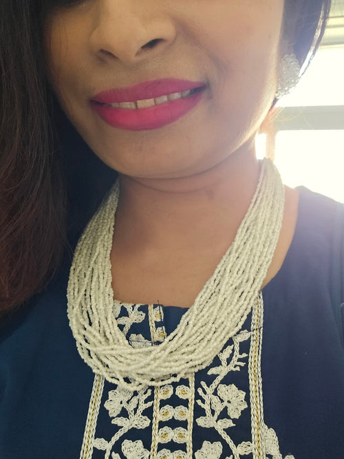 Elite Elegance Multi-Layered Necklace With Matching Earrings-Handmade (20 Layers)-White