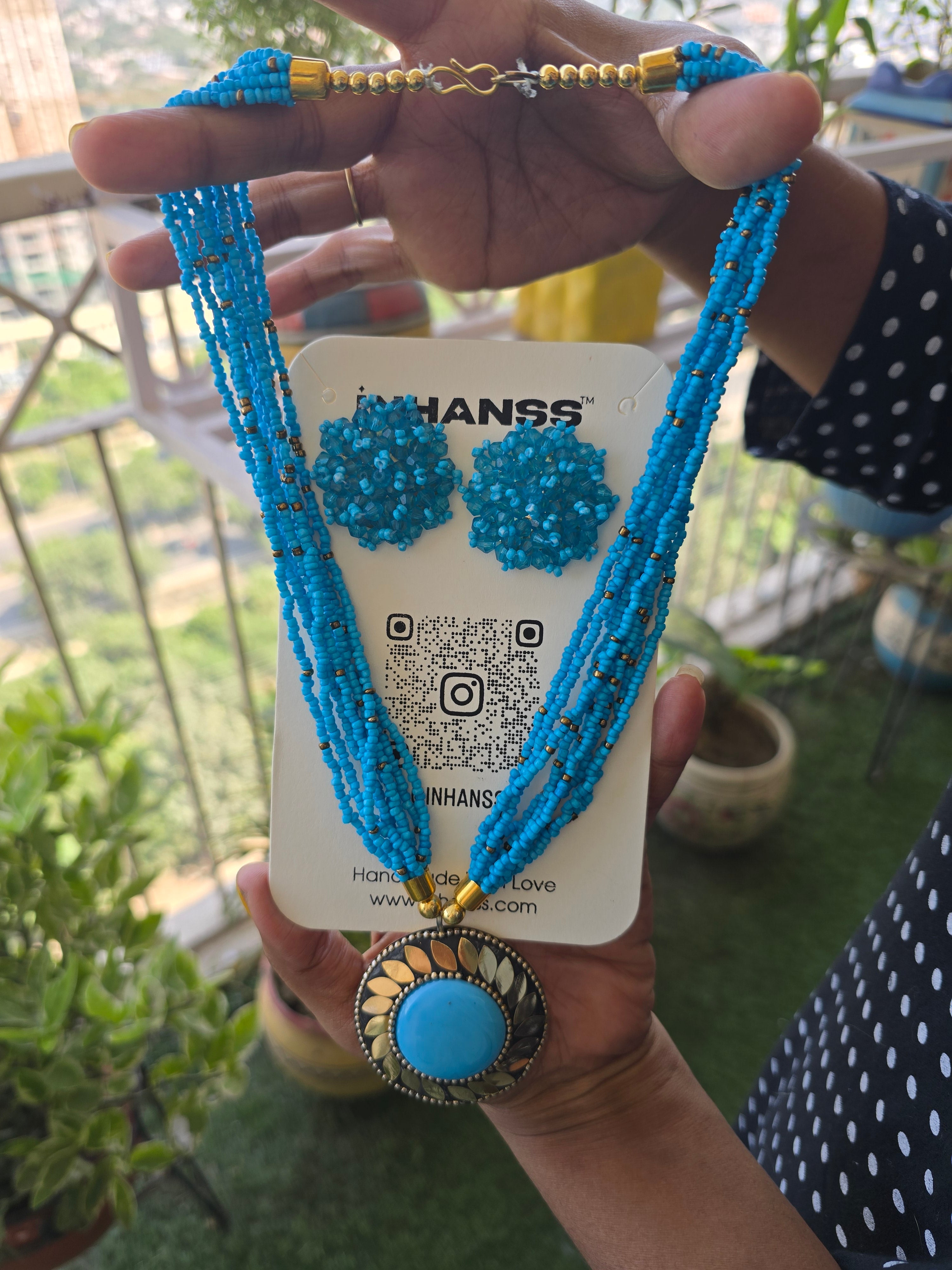 Handmade Multilayered Pendant Beaded Necklace Set With Matching Earrings - 12 Colours Available
