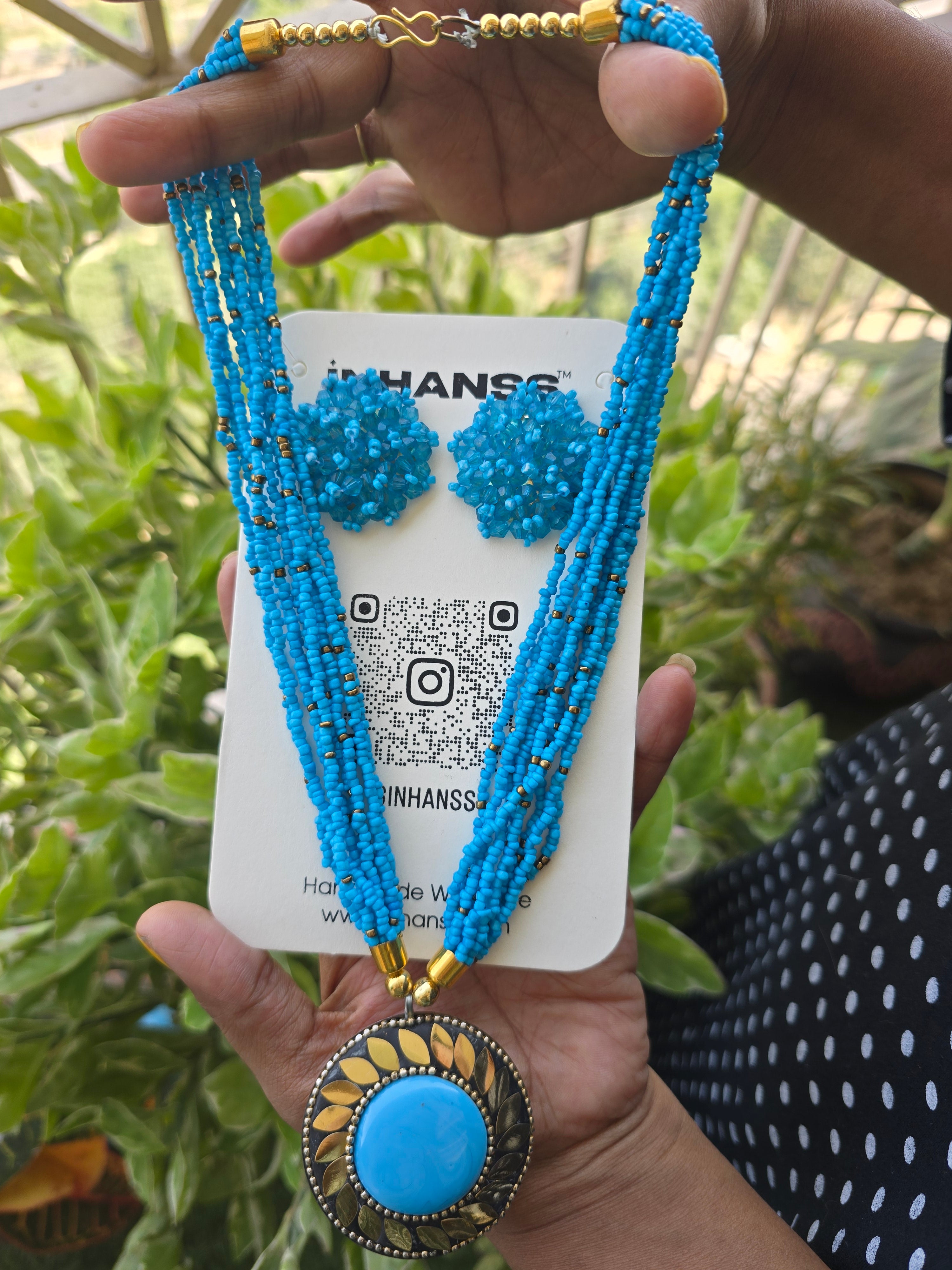 Handmade Multilayered Pendant Beaded Necklace Set With Matching Earrings - 12 Colours Available