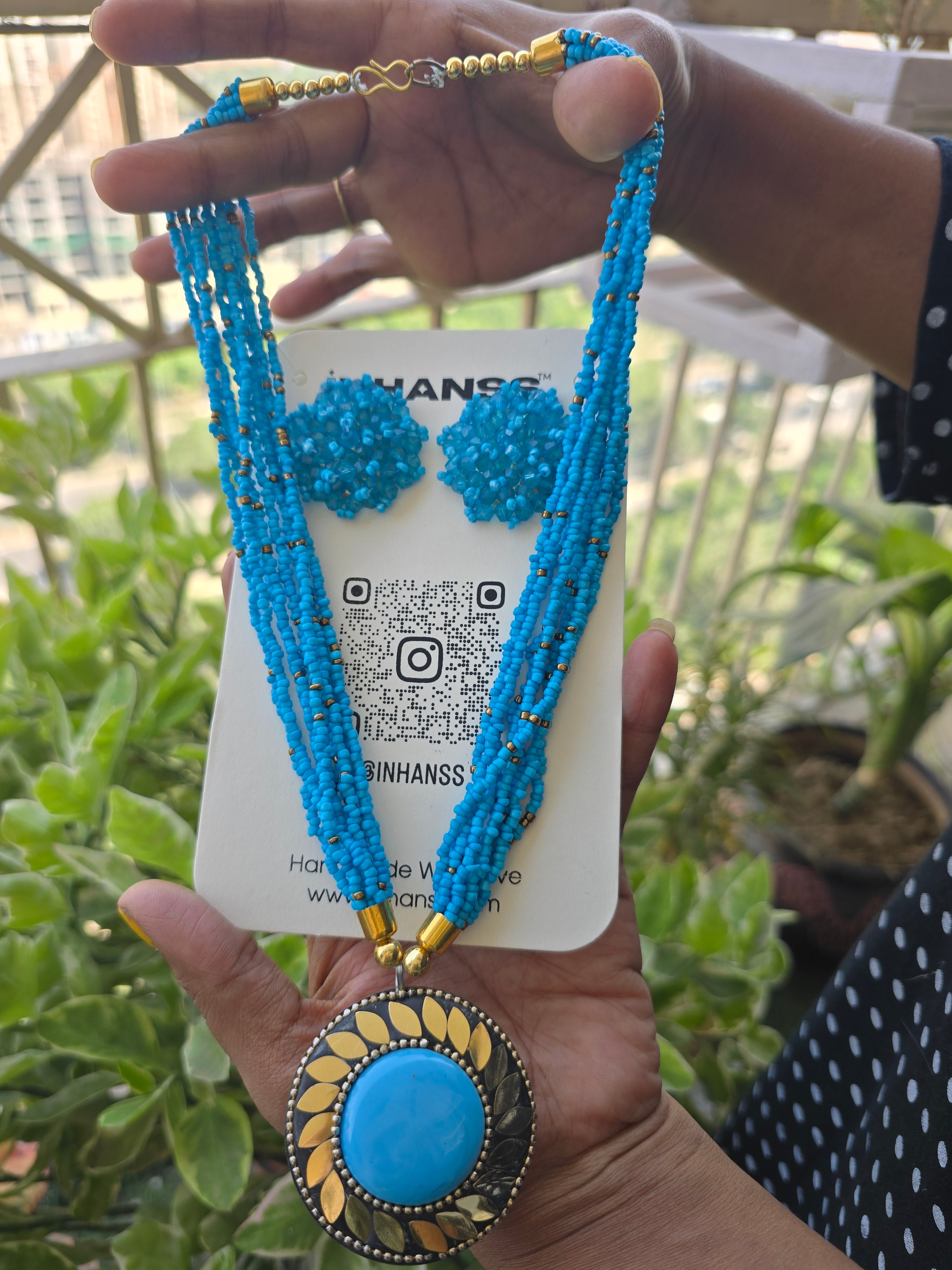 Handmade Multilayered Pendant Beaded Necklace Set With Matching Earrings - 12 Colours Available