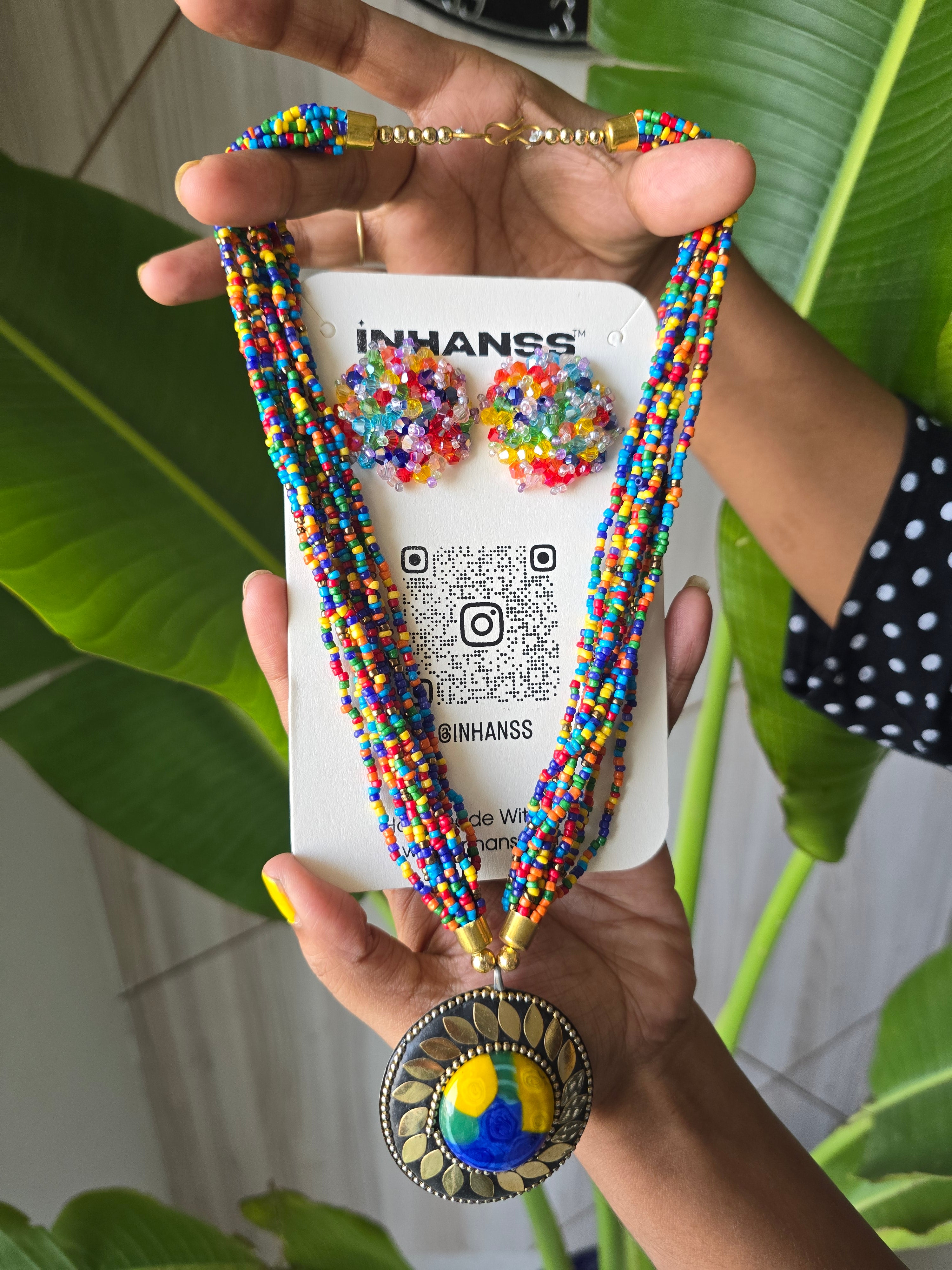 Handmade Multilayered Pendant Beaded Necklace Set With Matching Earrings - 12 Colours Available
