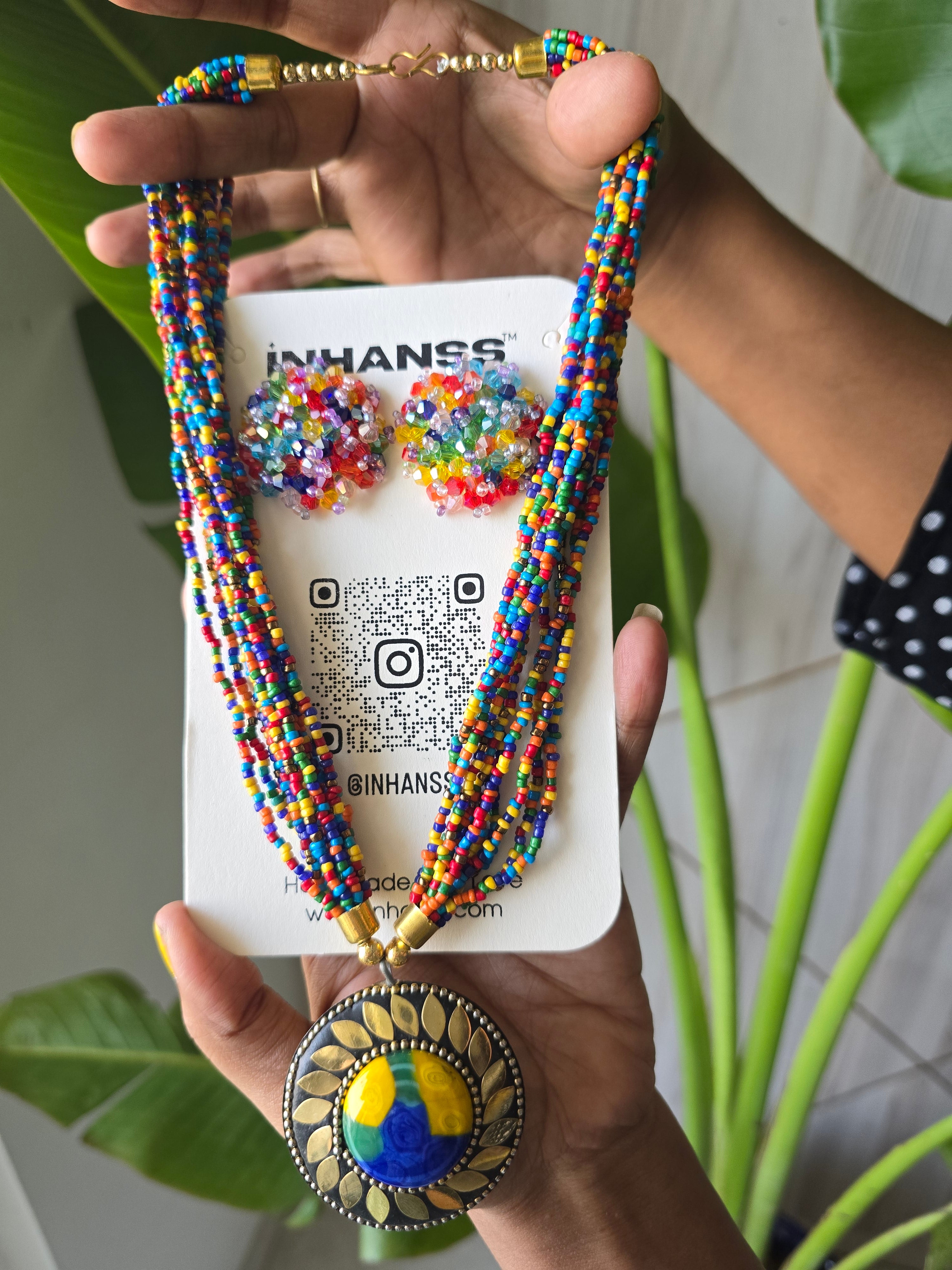 Handmade Multilayered Pendant Beaded Necklace Set With Matching Earrings - 12 Colours Available
