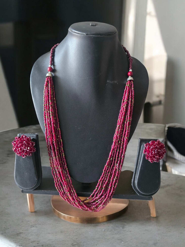 Handmade 12 Layered Long Beaded Necklace & Set - 5 Colours Available