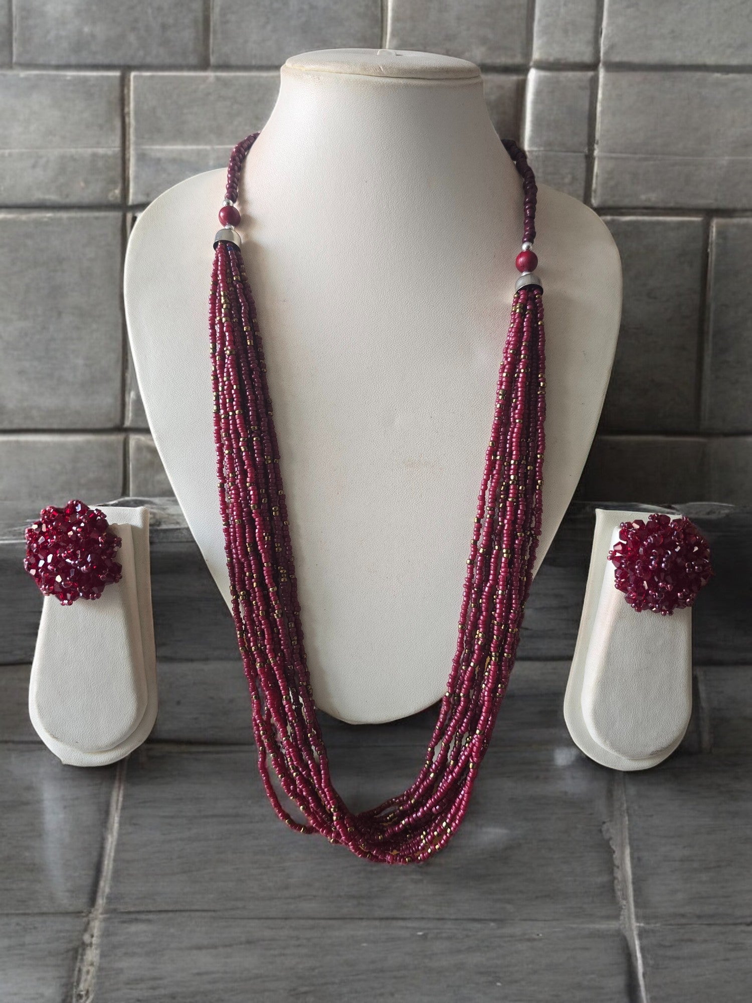 Handmade 12 Layered Long Beaded Necklace & Set - 5 Colours Available