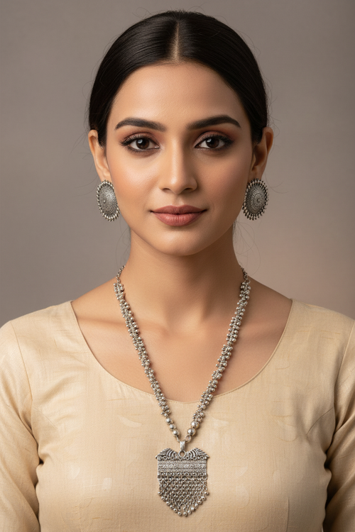 Silver Blossom Oxidized Necklace With Statement Studs - Handmade