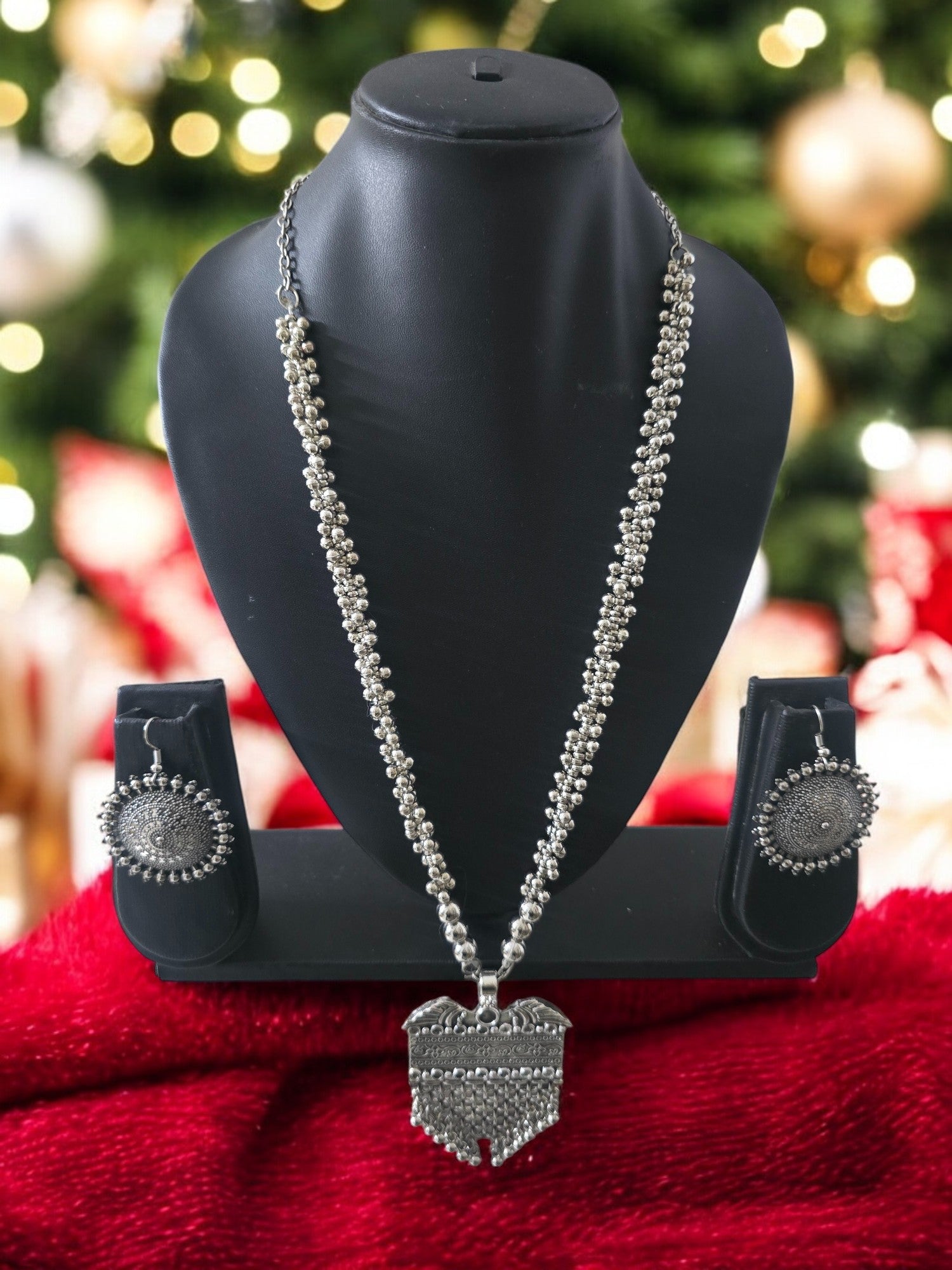 Silver Blossom Oxidized Necklace With Statement Studs - Handmade