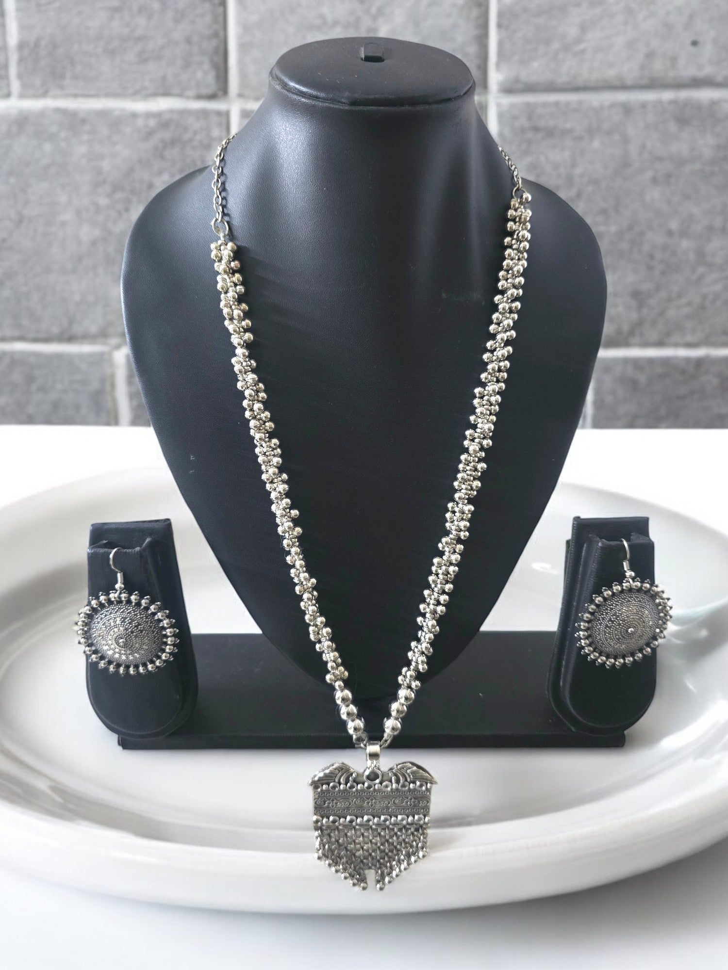 Silver Blossom Oxidized Necklace With Statement Studs - Handmade