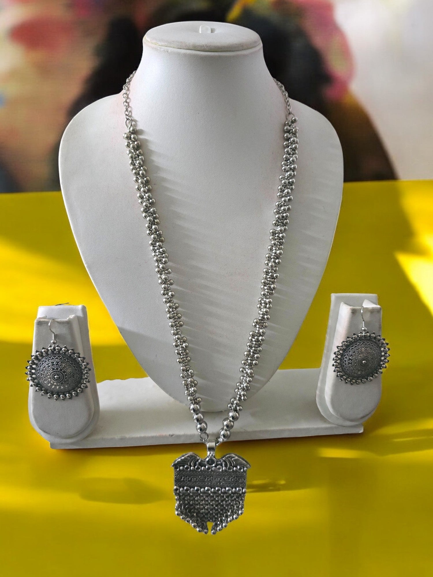 Silver Blossom Oxidized Necklace With Statement Studs - Handmade