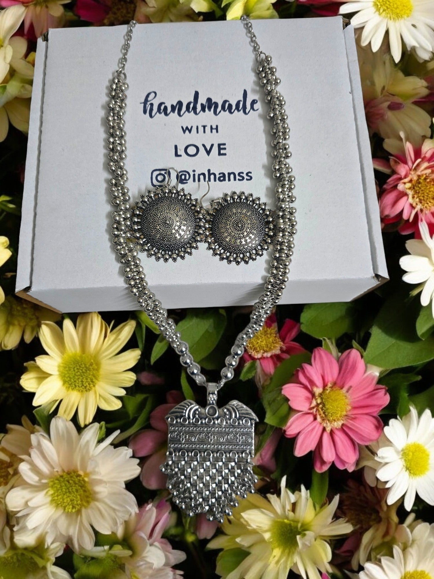 Silver Blossom Oxidized Necklace With Statement Studs - Handmade