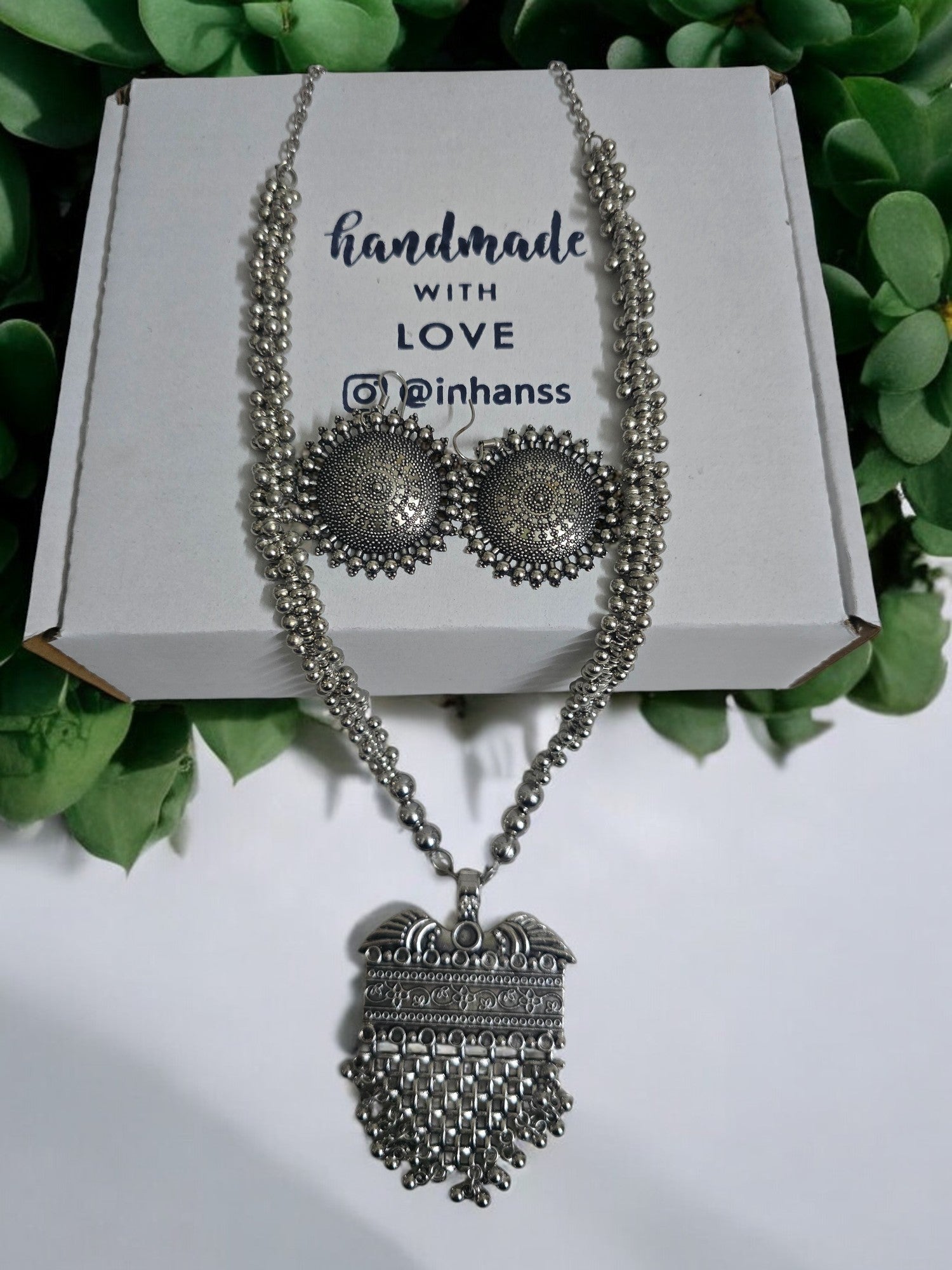 Silver Blossom Oxidized Necklace With Statement Studs - Handmade