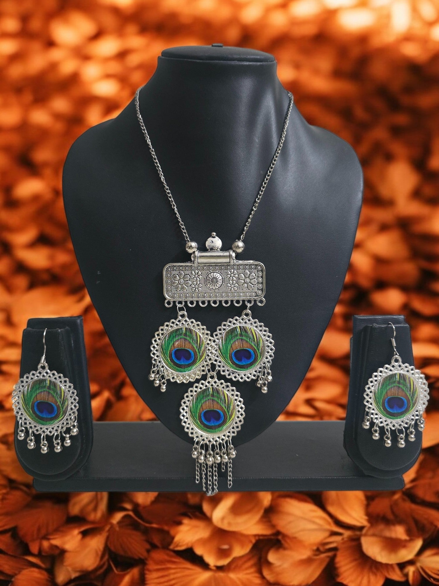 Peacock Charm Handmade Oxidized Necklace Set