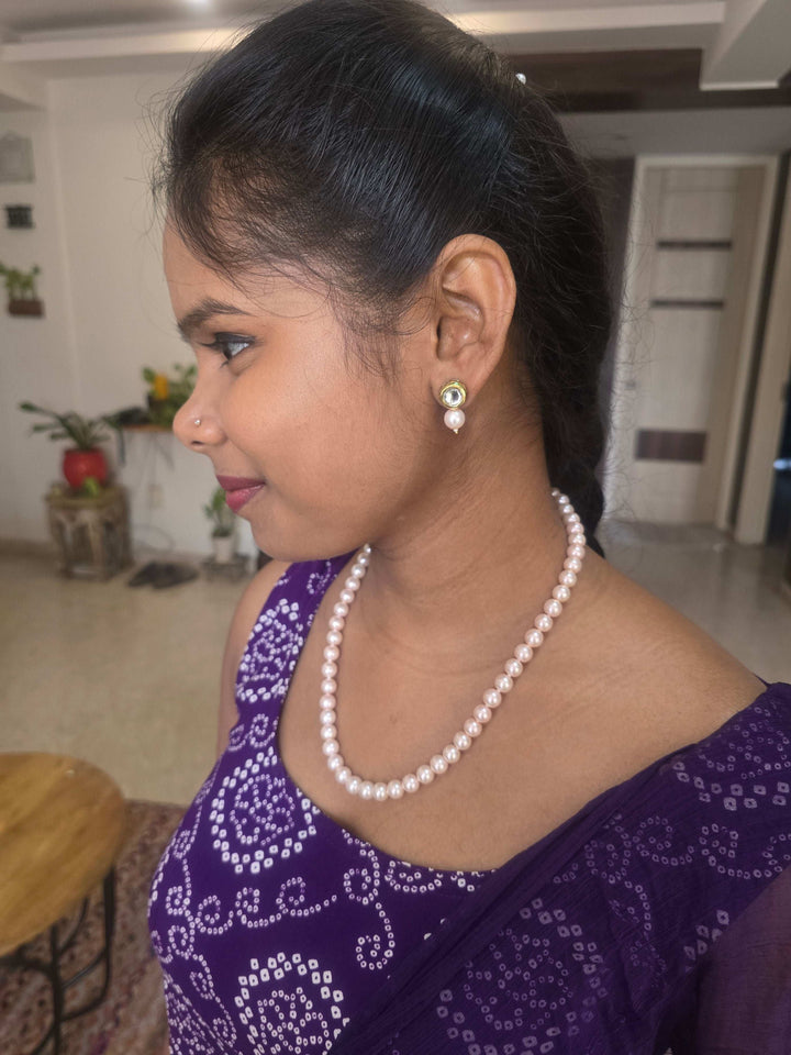 Blush Pearl Radiance – Baby Pink Pearl Necklace with Kundan Earrings
