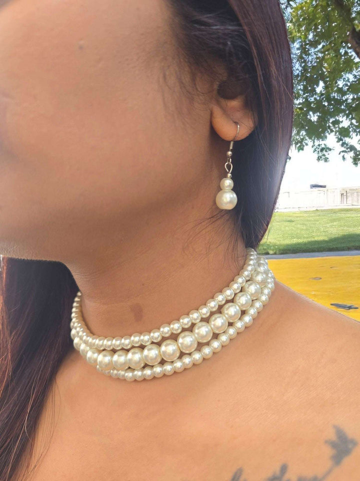 Nazakat Luxe – 3 Line Pearl Choker with Danglers