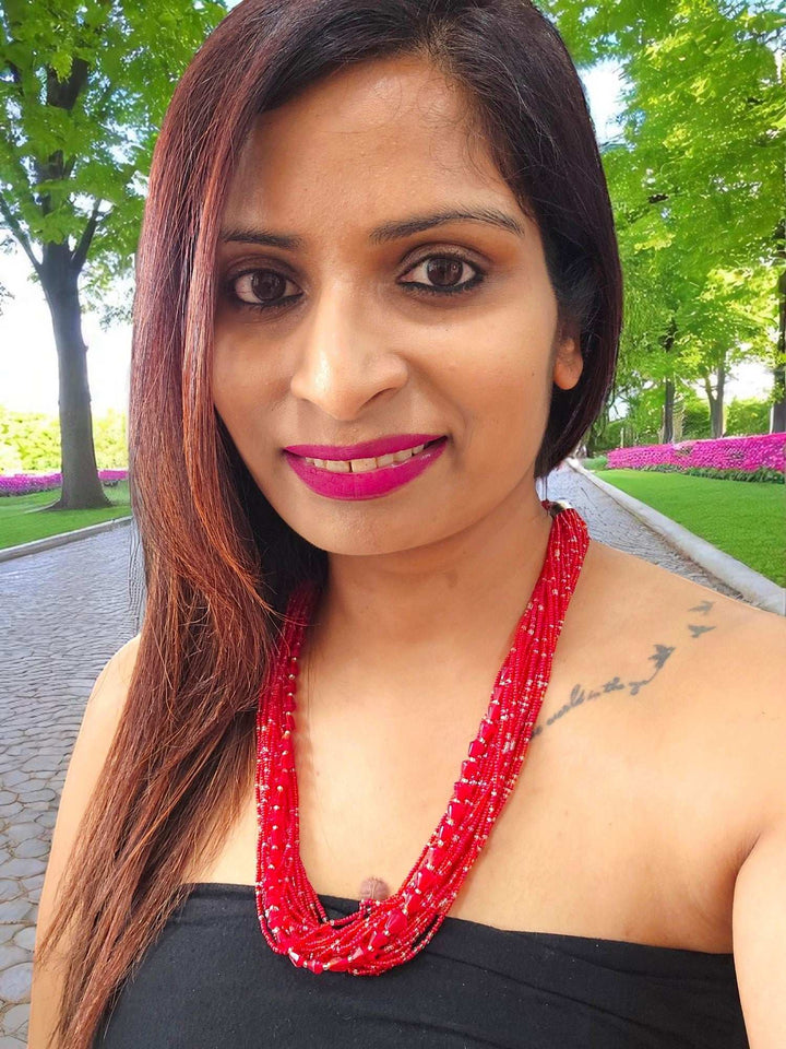 Crimson Luxe – Multi-Layered Glass & Crystal Bead Adjustable Statement Handmade Necklace