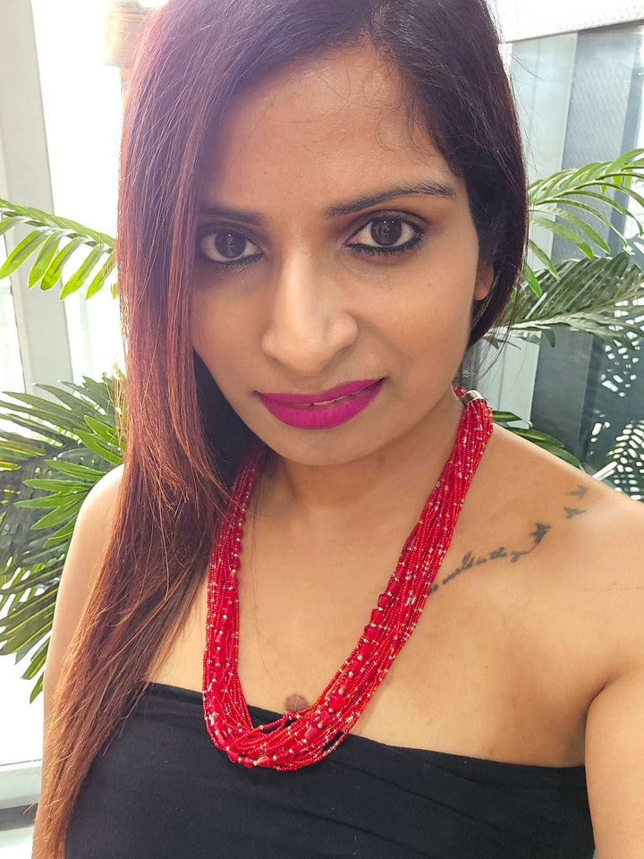 Crimson Luxe – Multi-Layered Glass & Crystal Bead Adjustable Statement Handmade Necklace