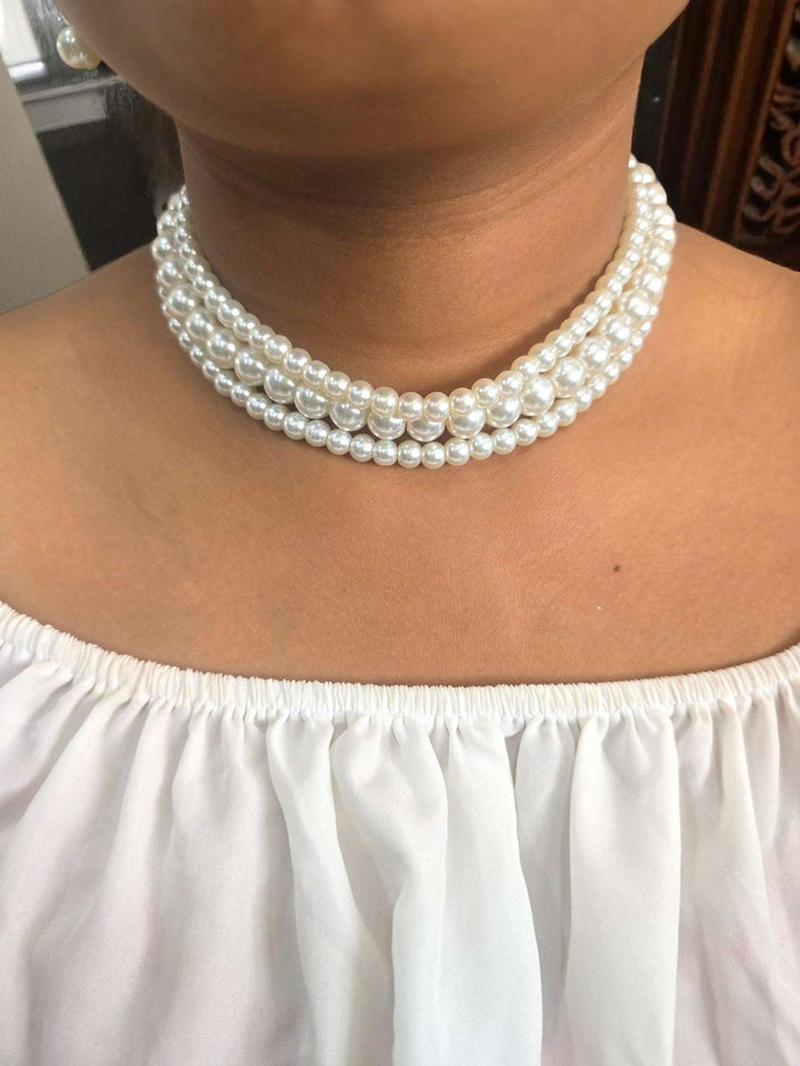 Nazakat Luxe – 3 Line Pearl Choker with Danglers