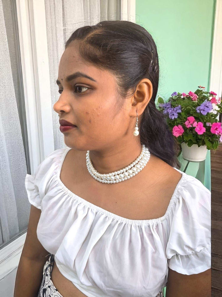 Nazakat Luxe – 3 Line Pearl Choker with Danglers