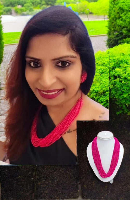 Fuchsia Flow: Handmade Multi-Layered Beaded Necklace(20 Layers)
