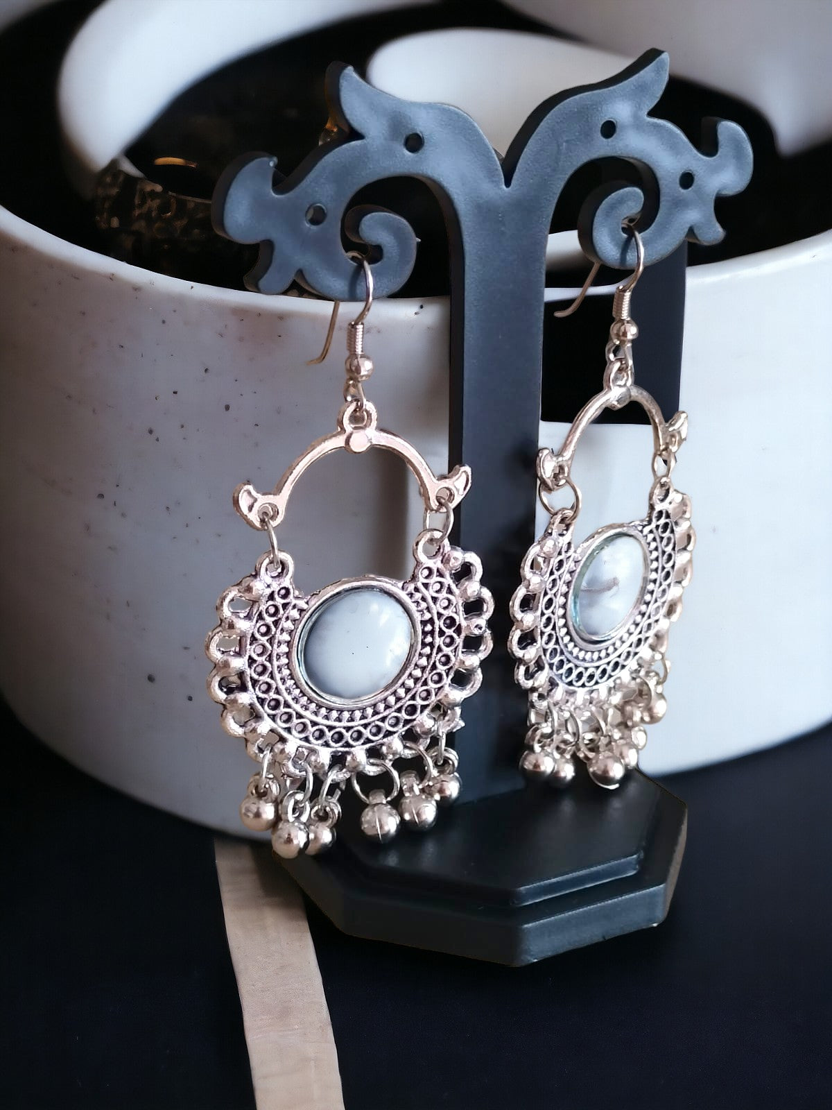 Handmade Silver Crescent Jhumkas