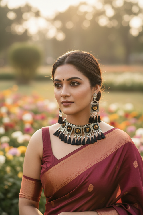 Rivaaza Oxidized  Beaded Choker Set - 4 Colours Available