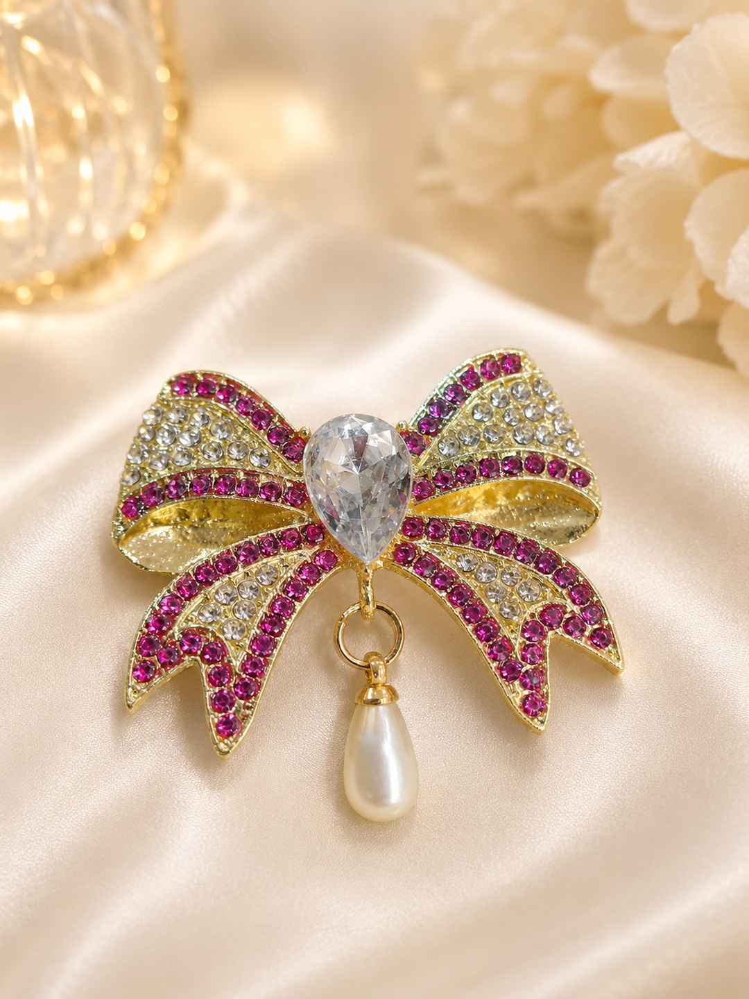 Pearl Drop Crystal Bow Brooch