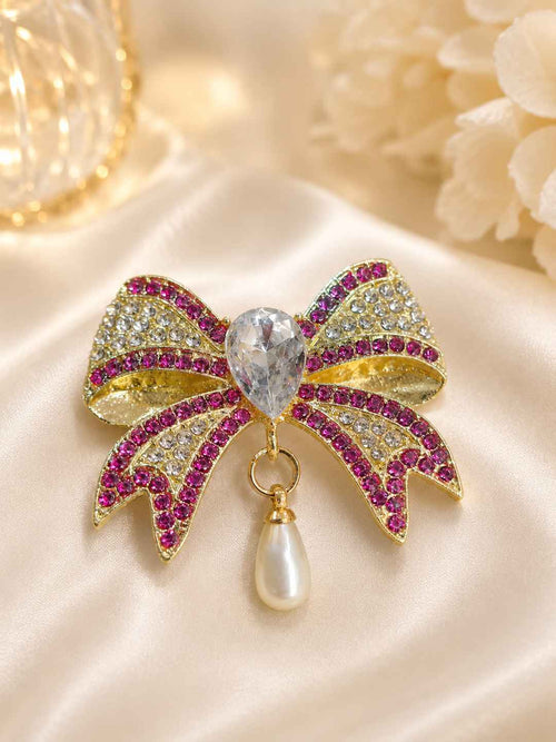 Pearl Drop Crystal Bow Brooch