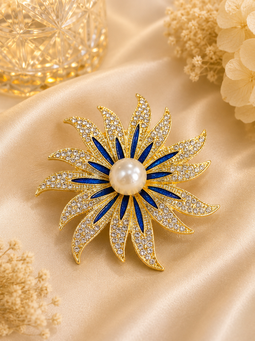 Crystal Sunflower Pearl Brooch
