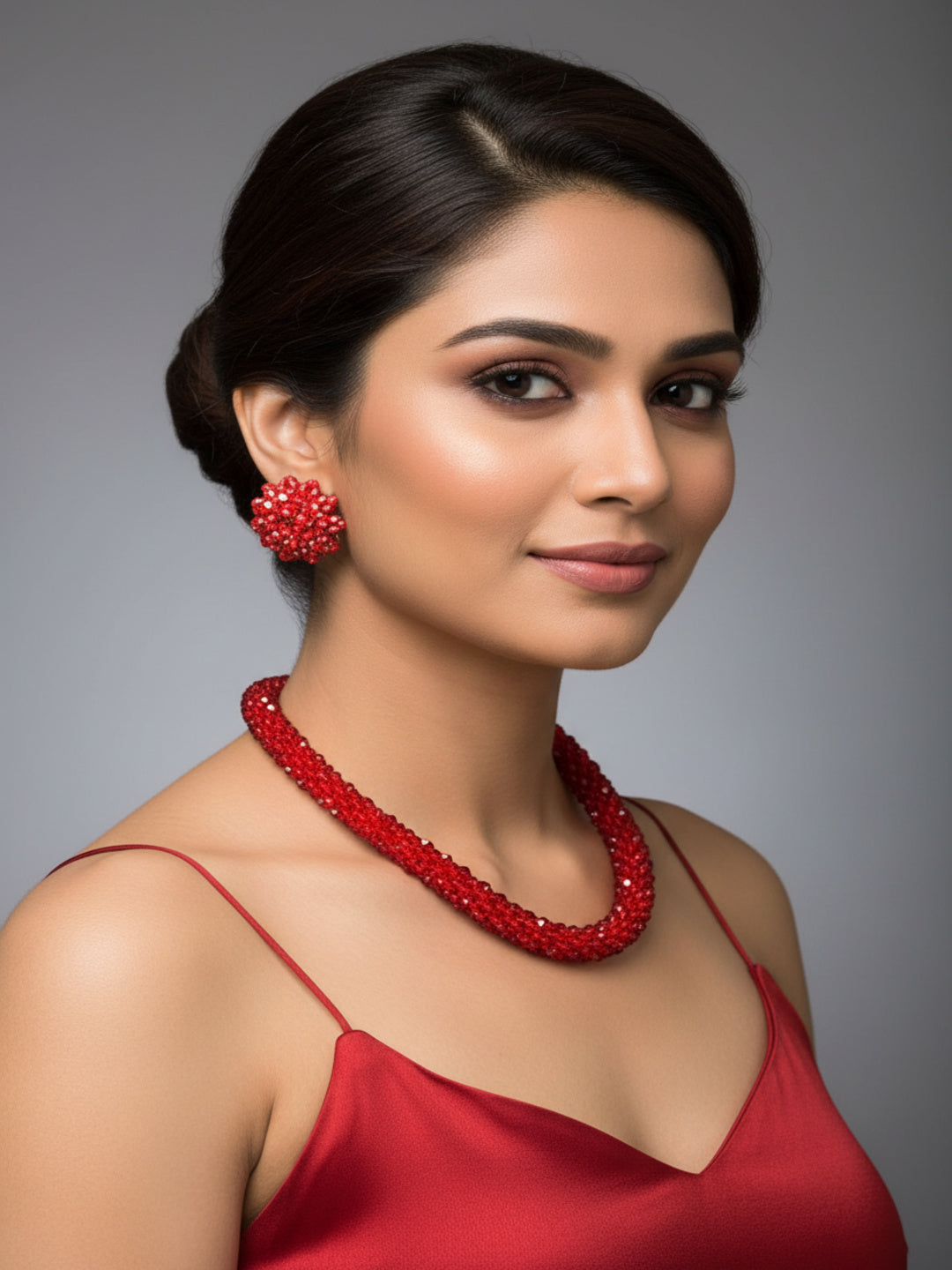 Red Crystal Necklace Set with Matching Earrings