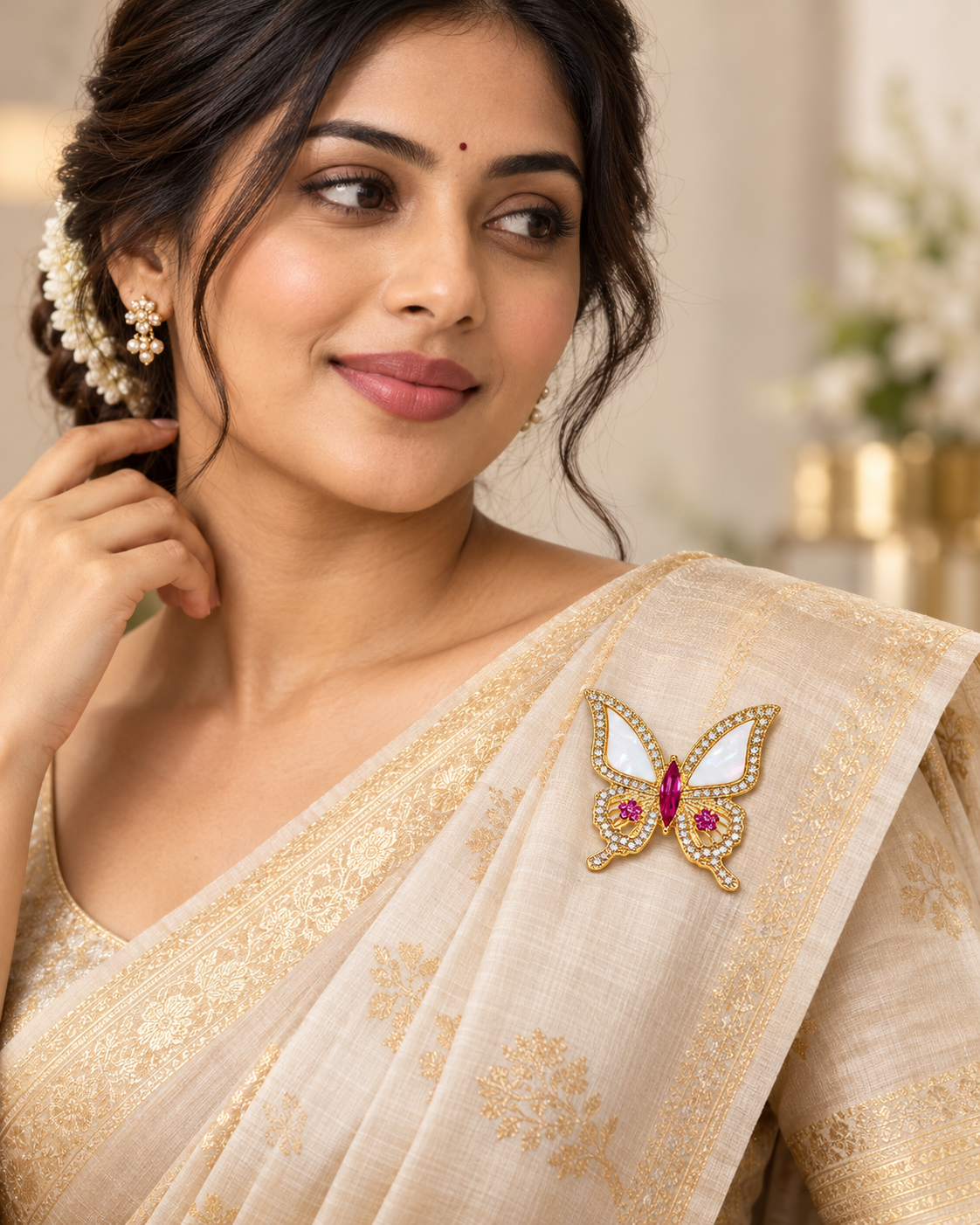 The Butterfly Sparkle – Gold & Pink Saree Brooch