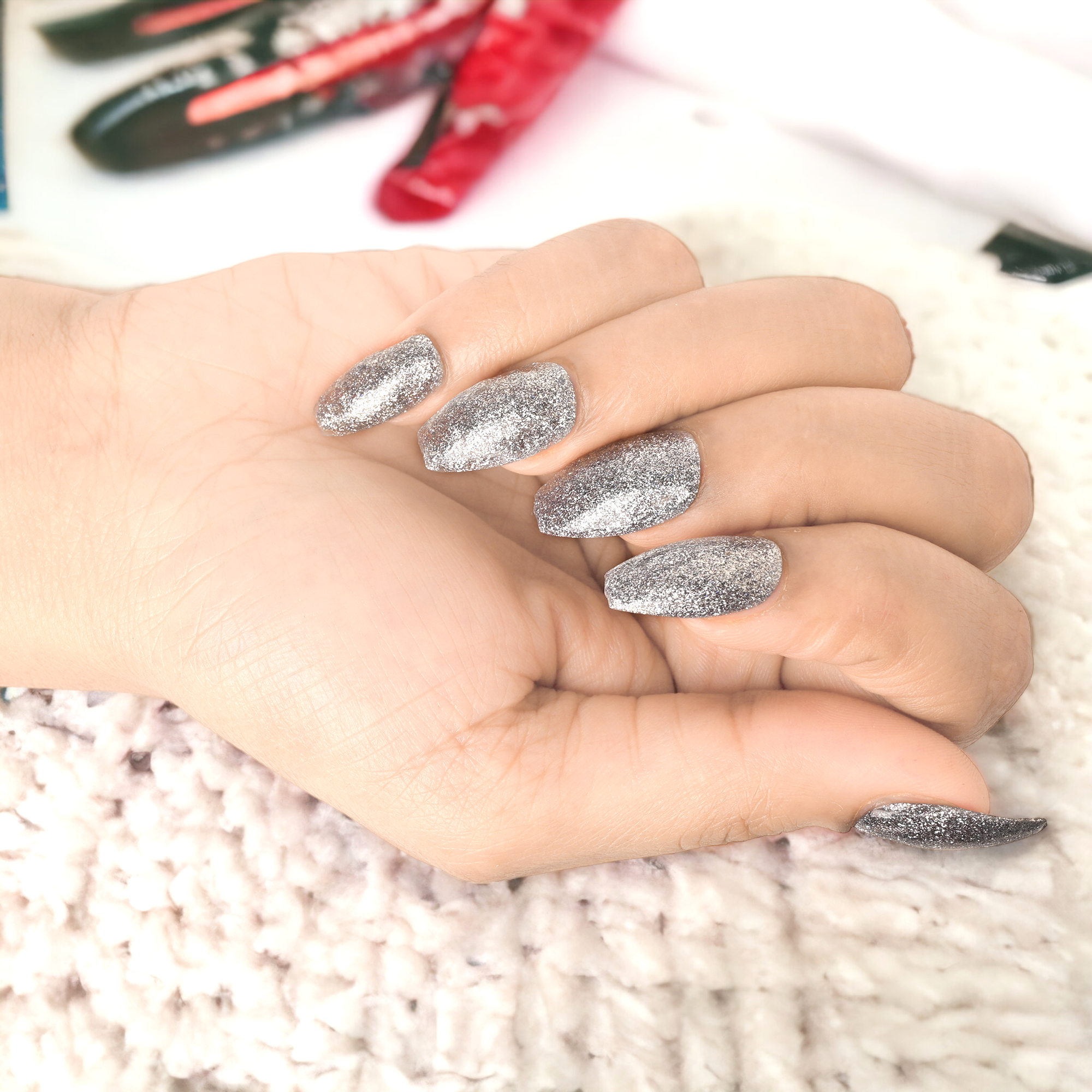 Handmade Reusable Premium Press on Nail With Nail Tabs : Glittery Silver