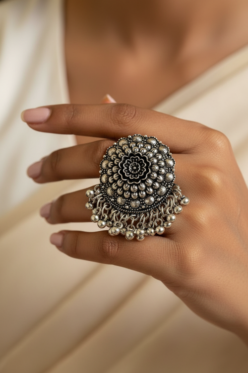 Regal Bloom Statement Oxidized Ring - Adjustable