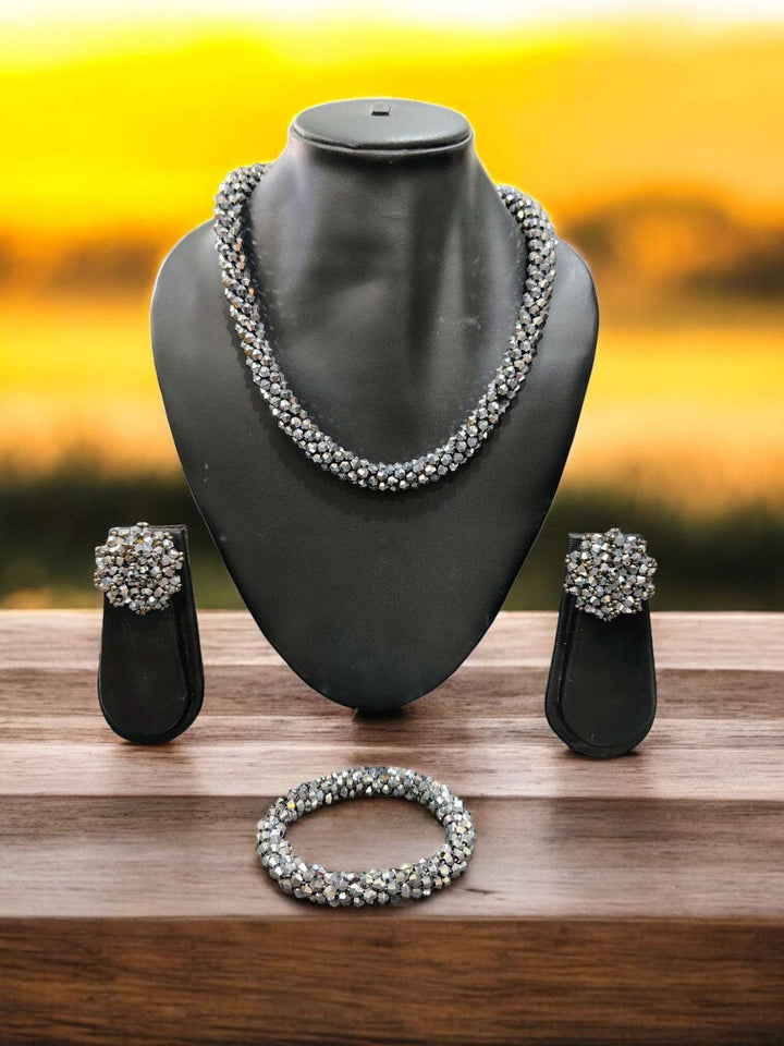 Sitaaron Ki Jhalak – 3-Piece Handmade Crystal Bead Set (Adjustable Necklace + Earrings + Adjustable Bangle )-14 Colors Avaialble