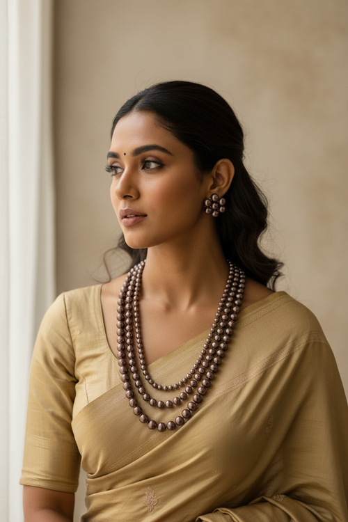 Rang Mahal – 3-Layer Pearl Necklace Sets (Limited Edition) With Big Floral Studs | Adjustable Fit | Only 1 Set Per Colour Launched