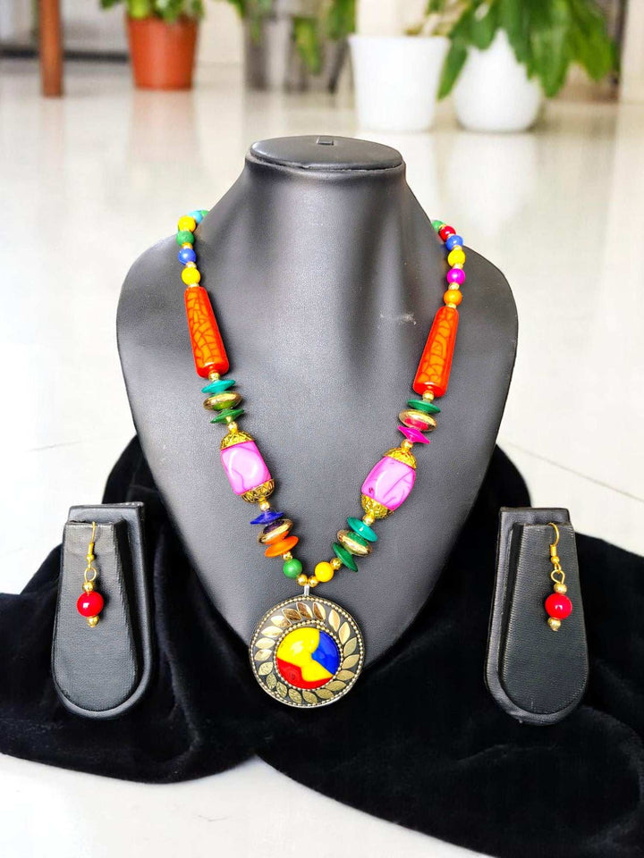 Tribal Radiance: Handmade Clay & Stone Pendant Necklace Set - 7 Colours Available