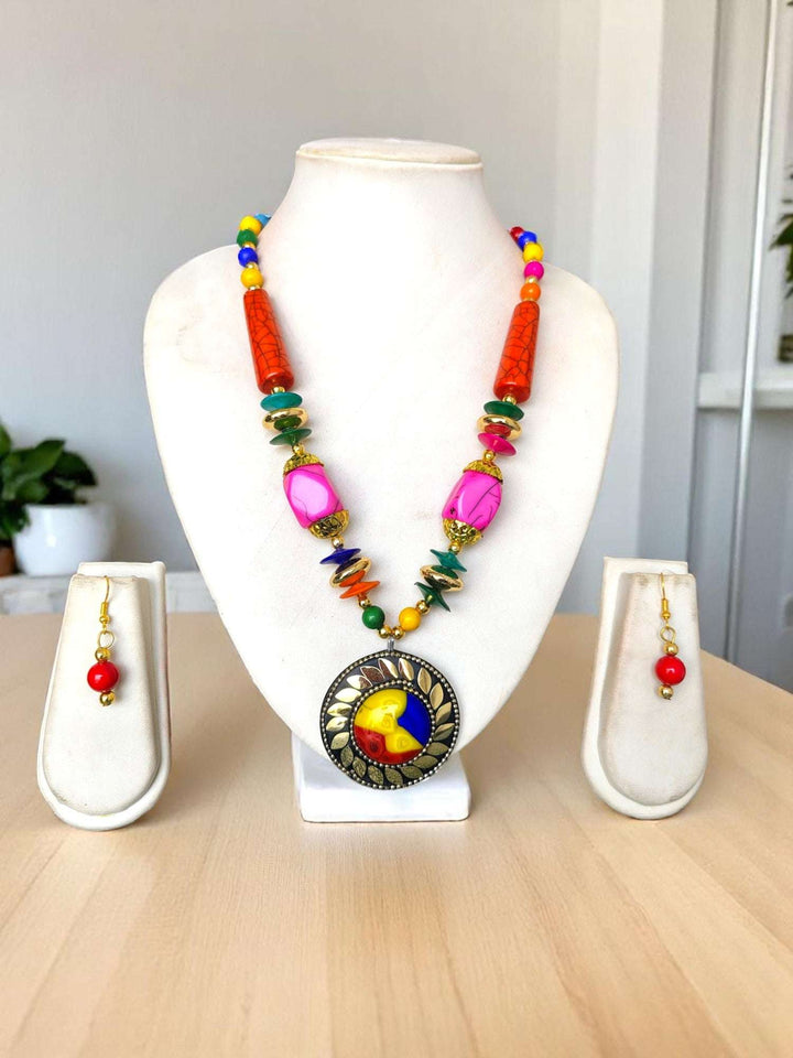 Tribal Radiance: Handmade Clay & Stone Pendant Necklace Set - 7 Colours Available