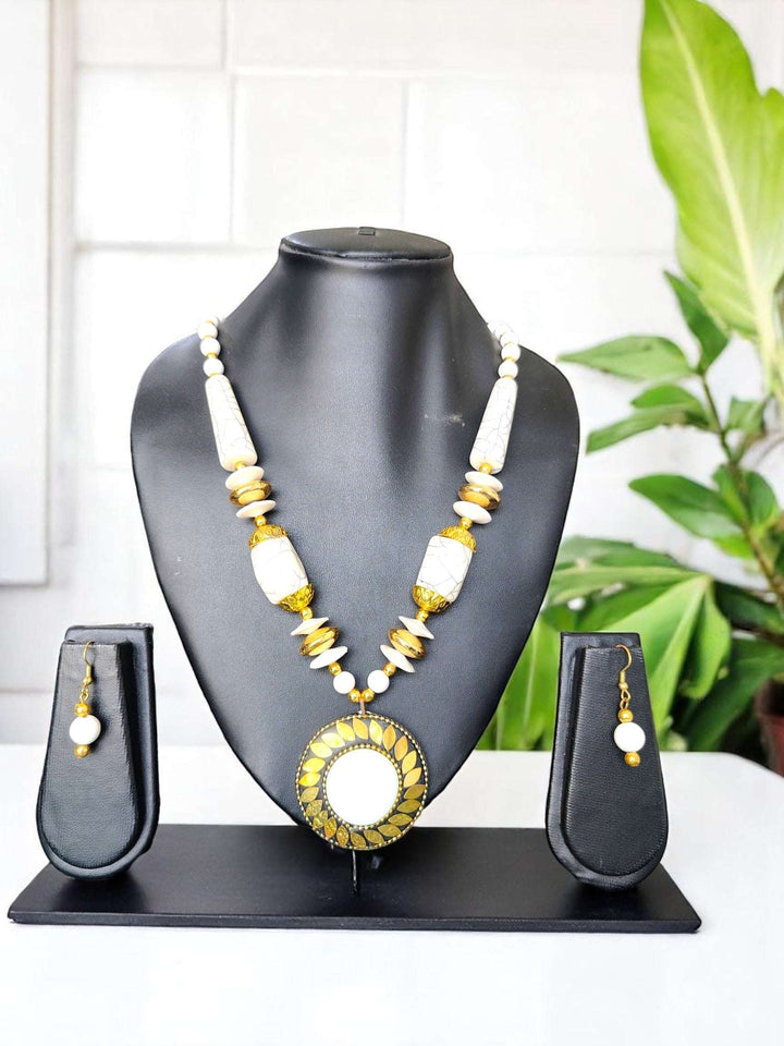 Tribal Radiance: Handmade Clay & Stone Pendant Necklace Set - 7 Colours Available