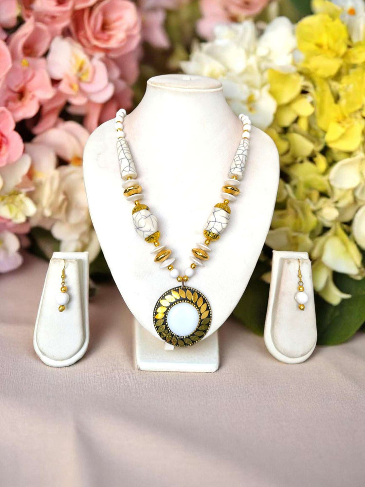 Tribal Radiance: Handmade Clay & Stone Pendant Necklace Set - 7 Colours Available
