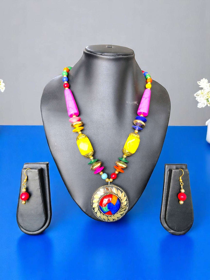 Tribal Radiance: Handmade Clay & Stone Pendant Necklace Set - 7 Colours Available