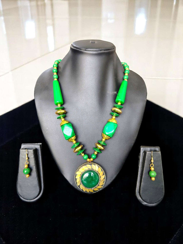 Tribal Radiance: Handmade Clay & Stone Pendant Necklace Set - 7 Colours Available