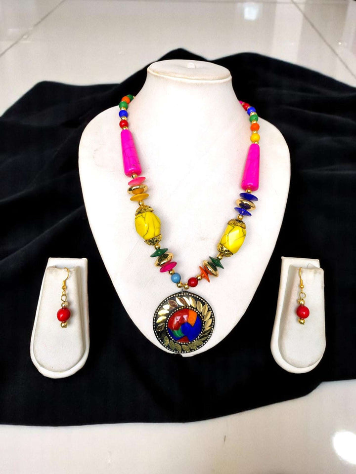 Tribal Radiance: Handmade Clay & Stone Pendant Necklace Set - 7 Colours Available