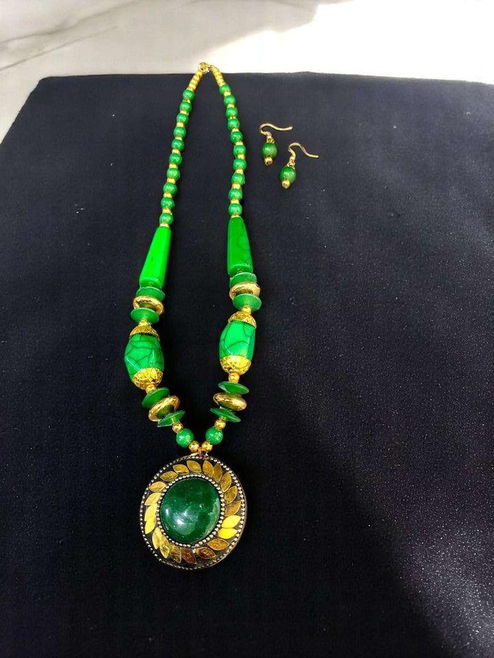 Tribal Radiance: Handmade Clay & Stone Pendant Necklace Set - 7 Colours Available