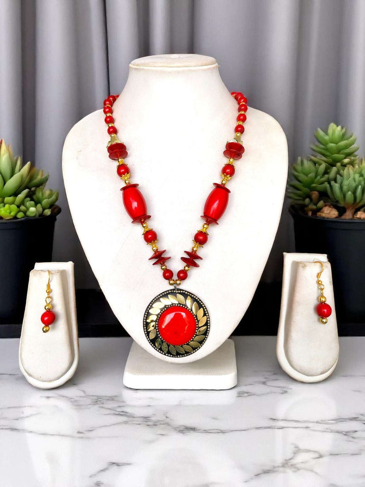 Tribal Radiance: Handmade Clay & Stone Pendant Necklace Set - 7 Colours Available